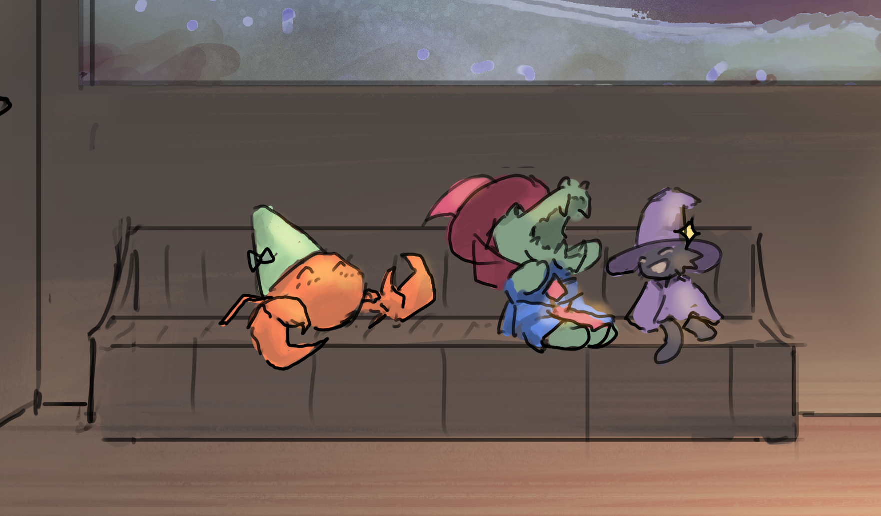 Inside the gondola: friends relaxing together on the bench
